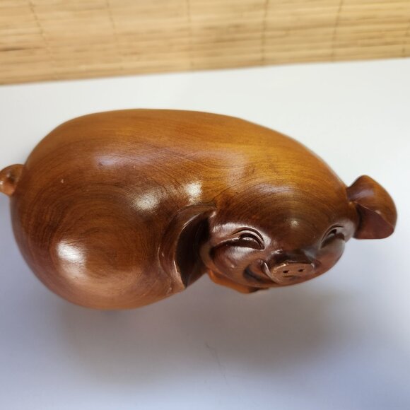 Vintage Hand Carved Chinese Wood Laughing Pig Figurine Ornament Statue - Picture 3 of 8